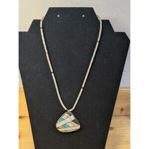 Vtg PENDANT Inlaid Sterling 16" Necklace Native American Turquoise MOP